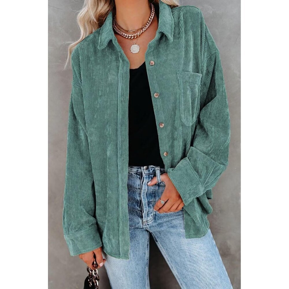 Women Green Collared V Neck Button Down Oversized Long Sleeve Shirt Top - Picture 5 of 6
